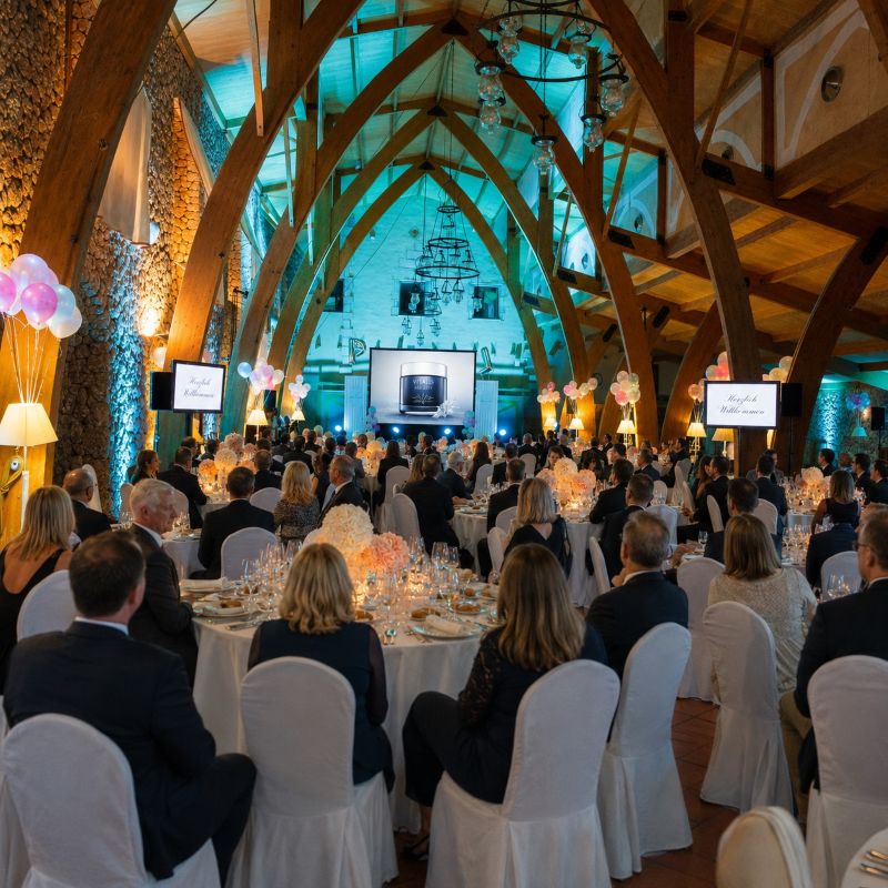 Gäste bei einem Corporate Event in einer exklusiven Eventlocation auf Mallorca mit festlich gedeckten Tischen und Produktpräsentation.