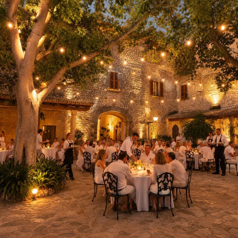 Stilvolle Firmenfeier auf Mallorca in historischem Innenhof mit festlich gedeckten Tischen, Gästen und Servicepersonal in exklusiver Abendatmosphäre.