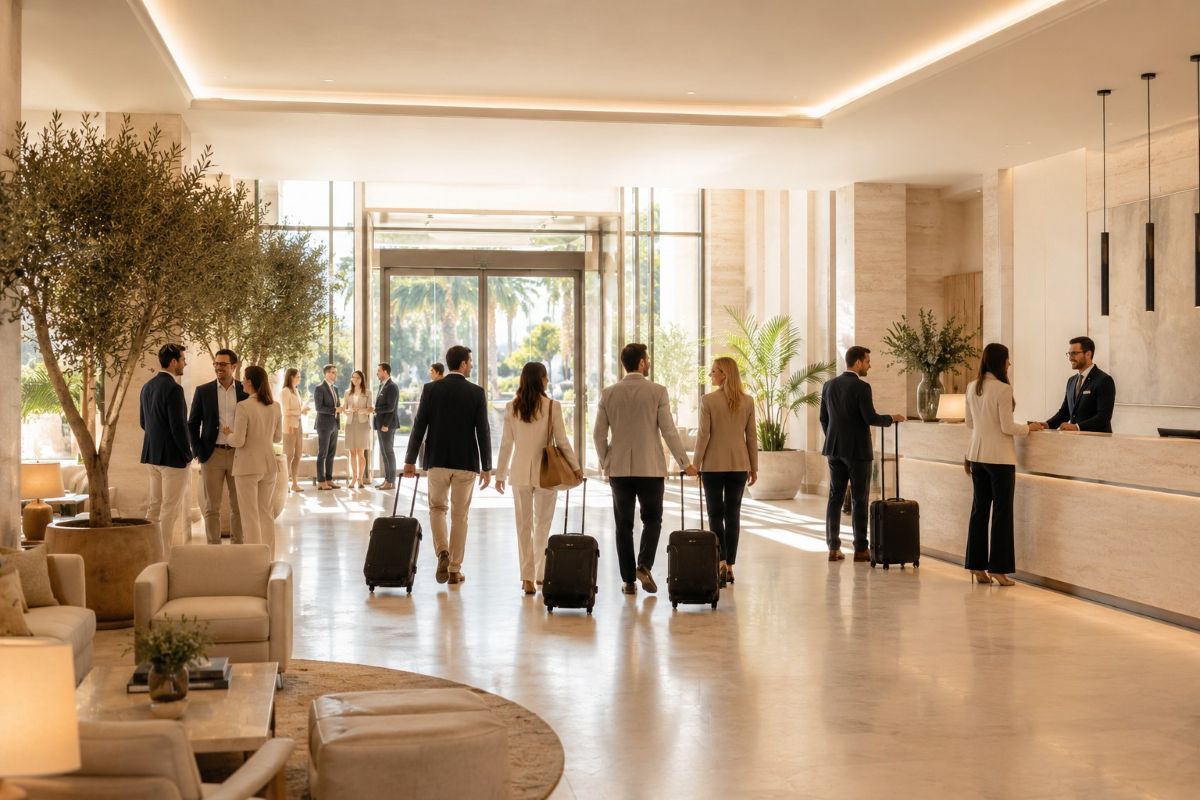 Business-Gruppe bei der Ankunft in einer modernen Hotel Lobby auf Mallorca