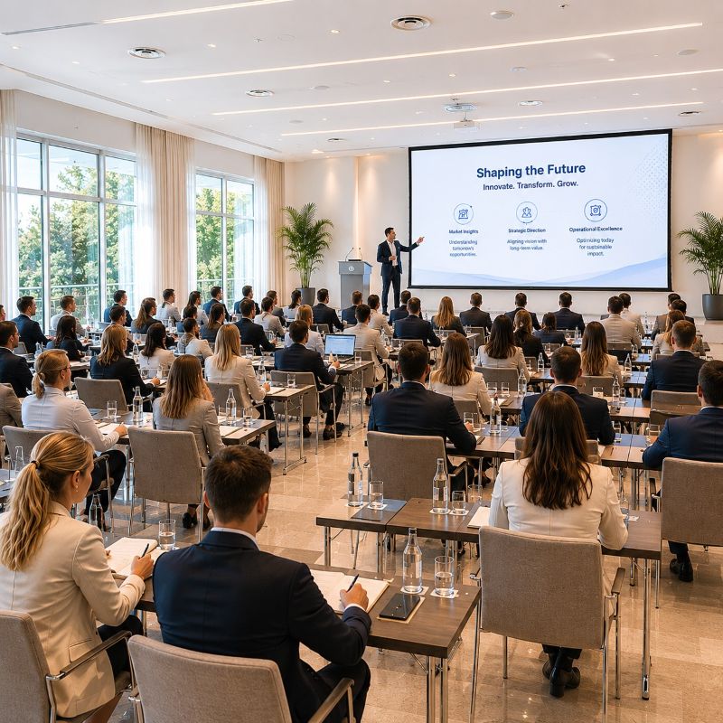 Teilnehmer einer professionellen Konferenz in einem modernen Tagungsraum auf Mallorca während einer Business-Präsentation.
