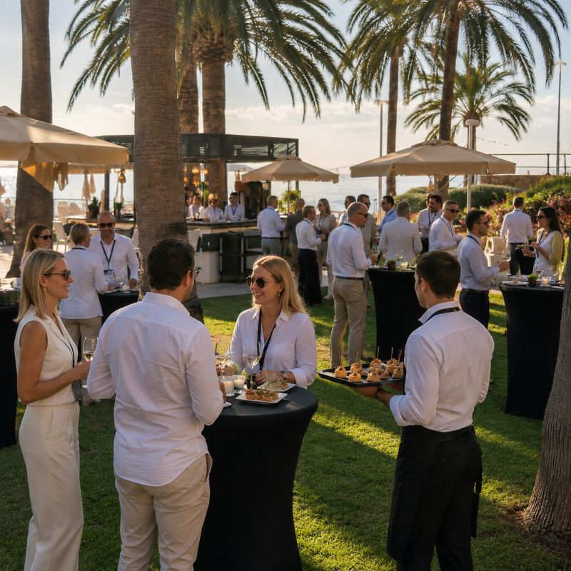 Business-Networking-Event auf Mallorca mit Gästen, Fingerfood und Servicepersonal in exklusiver Gartenlage am Meer.