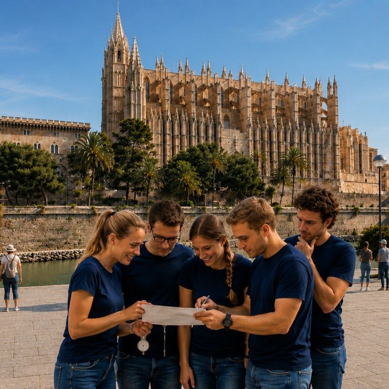 Teambuilding Mallorca Teilnehmer einer City Challenge auf Mallorca lösen gemeinsam Aufgaben und stärken Teamwork sowie Kommunikation.