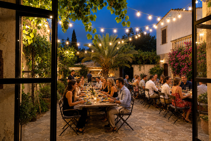 Experiences Mallorca Gäste genießen ein stimmungsvolles Abendessen in einer traditionellen Finca auf Mallorca