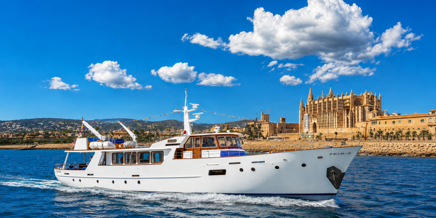 Weiße Motoryacht vor der Kathedrale von Palma de Mallorca auf dem Mittelmeer.